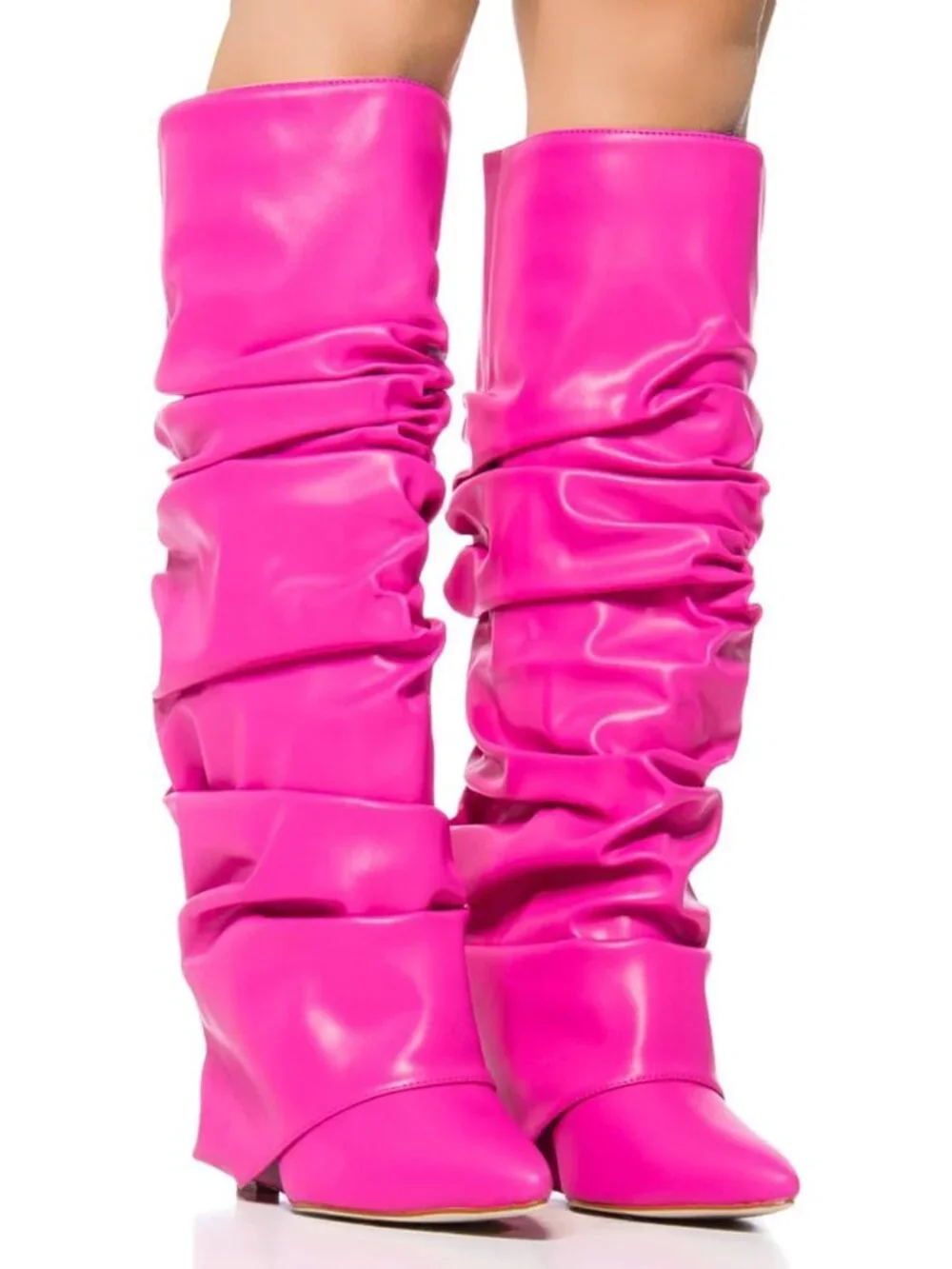 Women's Pink Heel Wide Calf Pointed Toe Slouched Fold Over Knee High Boots
